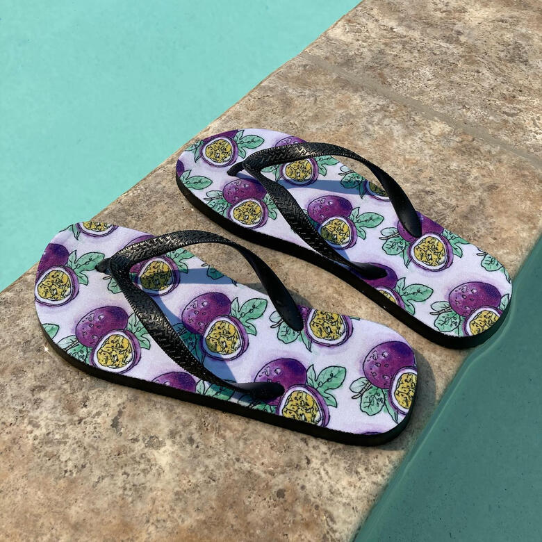 Product photography used for social media showing off my various artistic and fun flip flop designs.