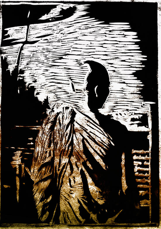 Woodblock print of a monk in Bangkok from a reference of some of my black and white film photography.